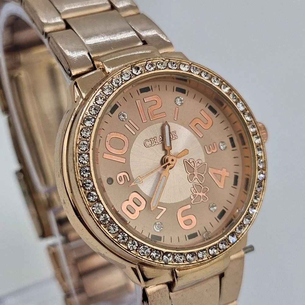 30MM Women's Watch Gold Dial Crystal Bezel Gold Bracelet Band 6.5